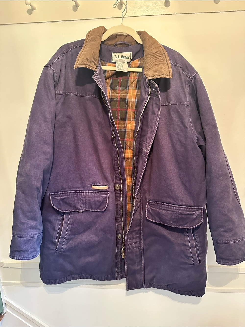 L.L. Bean Vintage Men’s Navy Plaid Lined Field Coat w Corduroy Collar Size XLT